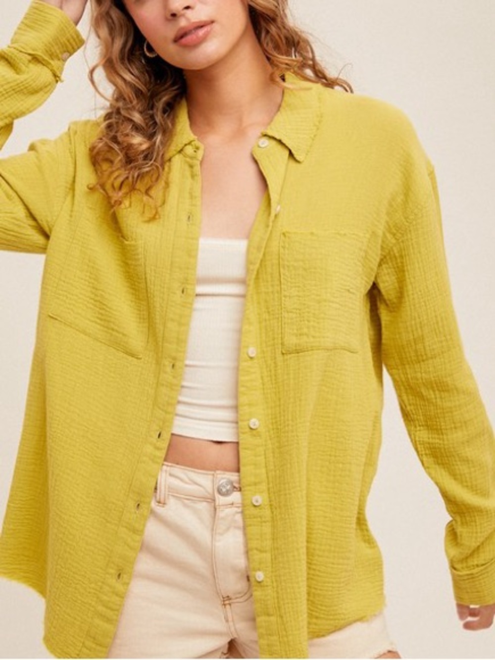 ☀️SALE☀️FRONT TWO POCKET DETAIL FRINGE HEM
BUTTON UP SHIRT|LIME